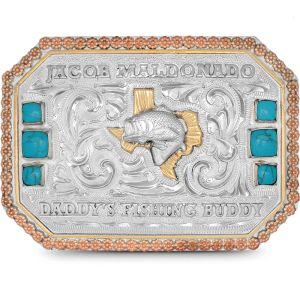 A custom fishing belt buckle adorned with turquoise stones featuring a bass figure on a Texas State golden bronze figure